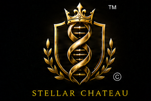 Stellar Chateau brand crest featuring a golden laurel wreath and a technical architectural emblem