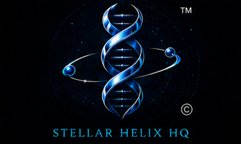Stellar Helix HQ official parent brand logo with a circular DNA helix on a dark technical background